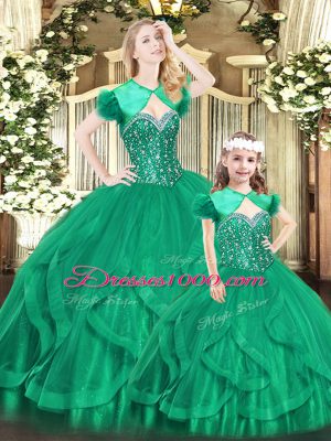 Turquoise Organza Lace Up Sweetheart Sleeveless Floor Length Quince Ball Gowns Beading and Ruffles