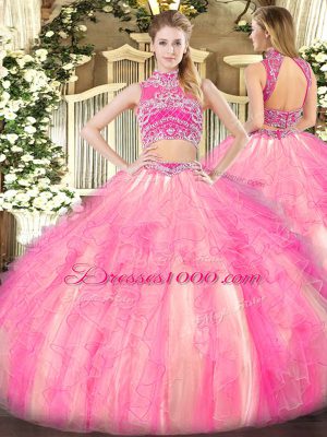 Sweet High-neck Sleeveless Ball Gown Prom Dress Floor Length Beading and Ruffles Watermelon Red and Rose Pink Tulle