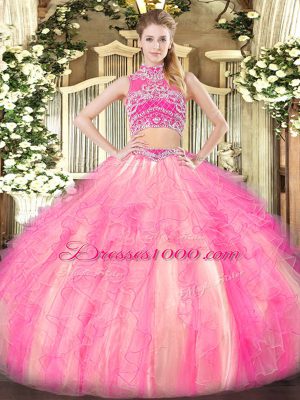 Sweet High-neck Sleeveless Ball Gown Prom Dress Floor Length Beading and Ruffles Watermelon Red and Rose Pink Tulle