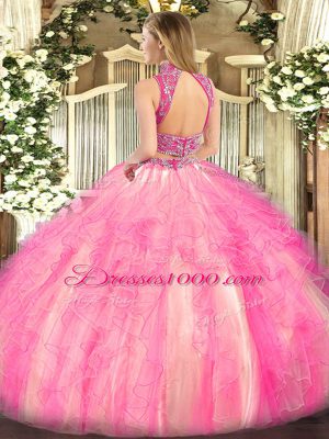 Sweet High-neck Sleeveless Ball Gown Prom Dress Floor Length Beading and Ruffles Watermelon Red and Rose Pink Tulle