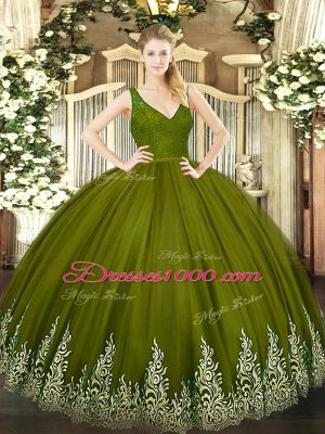 Ball Gowns 15 Quinceanera Dress Olive Green V-neck Tulle Sleeveless Floor Length Zipper