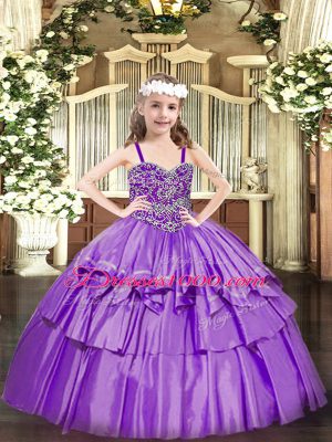 Superior Lavender Straps Neckline Beading and Ruffled Layers Pageant Dress Toddler Sleeveless Lace Up