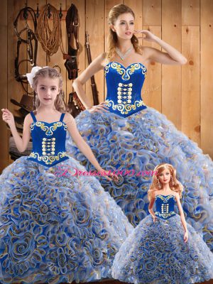 Affordable Multi-color Ball Gowns Sweetheart Sleeveless Fabric With Rolling Flowers Sweep Train Lace Up Embroidery Sweet 16 Dress