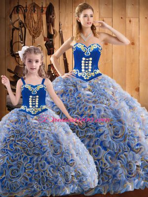 Affordable Multi-color Ball Gowns Sweetheart Sleeveless Fabric With Rolling Flowers Sweep Train Lace Up Embroidery Sweet 16 Dress