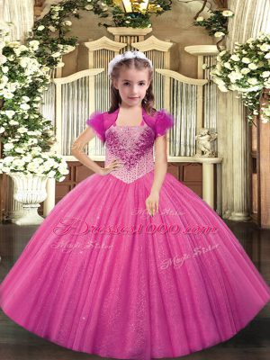 Hot Pink Tulle Lace Up Straps Sleeveless Pageant Dresses Beading