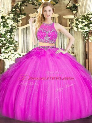Custom Made Sleeveless Tulle Floor Length Zipper Quinceanera Gown in Fuchsia with Beading and Ruffles