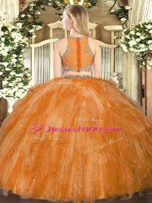 Custom Made Sleeveless Tulle Floor Length Zipper Quinceanera Gown in Fuchsia with Beading and Ruffles