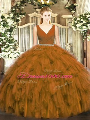 Custom Design Brown Sleeveless Tulle Zipper 15 Quinceanera Dress for Military Ball and Sweet 16 and Quinceanera