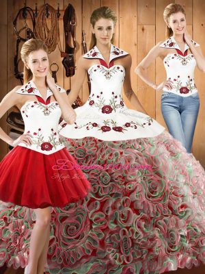 Custom Fit Multi-color Three Pieces Fabric With Rolling Flowers Halter Top Sleeveless Embroidery Floor Length Lace Up 15 Quinceanera Dress