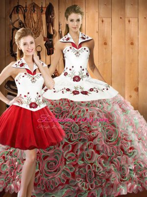 Custom Fit Multi-color Three Pieces Fabric With Rolling Flowers Halter Top Sleeveless Embroidery Floor Length Lace Up 15 Quinceanera Dress