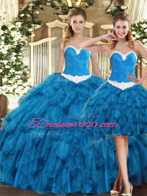 Floor Length Teal Quince Ball Gowns Tulle Sleeveless Ruffles