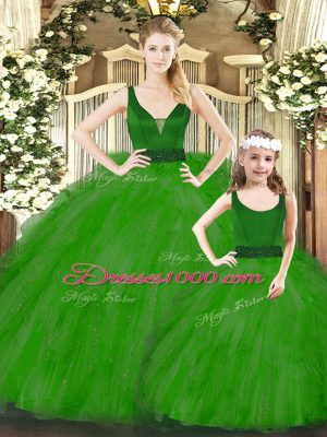 Green V-neck Zipper Beading and Ruffles Vestidos de Quinceanera Sleeveless