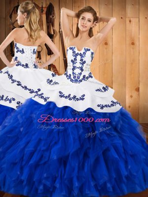 Floor Length Blue And White Quinceanera Gowns Satin and Organza Sleeveless Embroidery and Ruffles