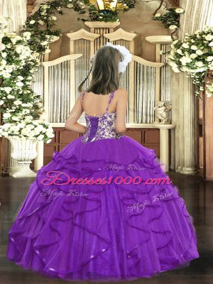 Affordable Floor Length Orange Child Pageant Dress Tulle Sleeveless Beading and Ruffles