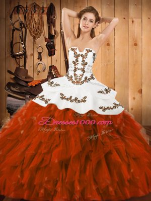 Lovely Rust Red Ball Gowns Embroidery and Ruffles Quinceanera Dresses Lace Up Satin and Organza Sleeveless Floor Length