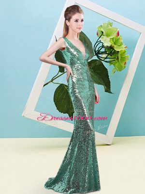 Turquoise Mermaid V-neck Sleeveless Sequined Floor Length Zipper Sequins Evening Dress