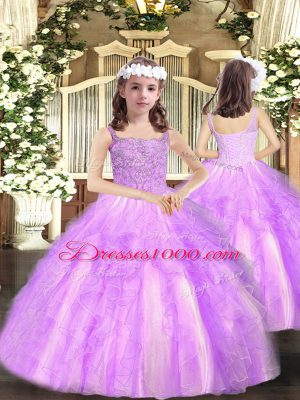 Sleeveless Organza Floor Length Lace Up Pageant Dress Womens in Lilac with Beading and Ruffles