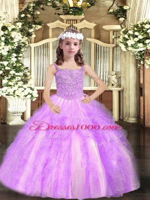 Sleeveless Organza Floor Length Lace Up Pageant Dress Womens in Lilac with Beading and Ruffles