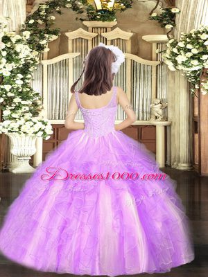 Sleeveless Organza Floor Length Lace Up Pageant Dress Womens in Lilac with Beading and Ruffles