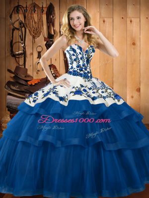 Blue Organza Lace Up Sweetheart Sleeveless Sweet 16 Dress Sweep Train Embroidery