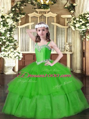 Floor Length Green Little Girls Pageant Dress Organza Sleeveless Beading and Ruffled Layers