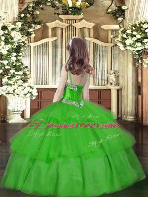 Floor Length Green Little Girls Pageant Dress Organza Sleeveless Beading and Ruffled Layers