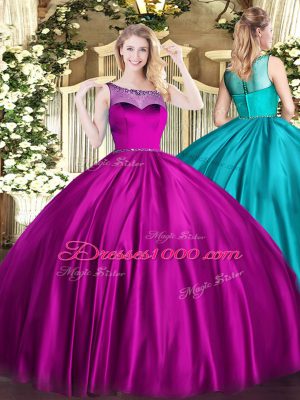 Exceptional Ball Gowns Vestidos de Quinceanera Fuchsia Scoop Satin Sleeveless Floor Length Zipper