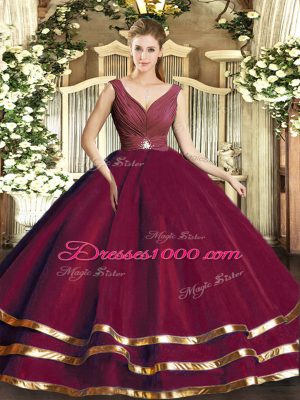 Nice V-neck Sleeveless Quinceanera Gowns Floor Length Beading and Ruffled Layers and Ruching Burgundy Tulle