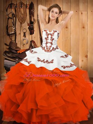Custom Design Strapless Sleeveless Satin and Organza Quinceanera Dresses Embroidery and Ruffles Lace Up