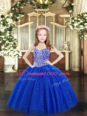 Royal Blue Ball Gowns Beading Pageant Dress Toddler Lace Up Tulle Sleeveless Floor Length