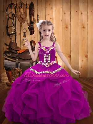 Embroidery and Ruffles Pageant Dress for Teens Fuchsia Lace Up Sleeveless Floor Length