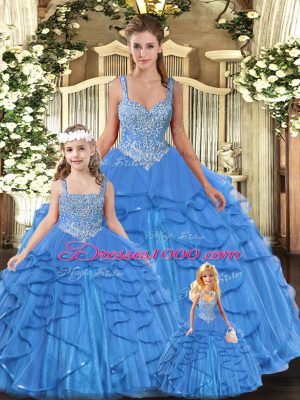 Straps Sleeveless Tulle Ball Gown Prom Dress Beading and Ruffles Lace Up