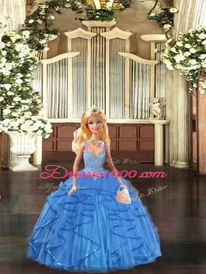 Straps Sleeveless Tulle Ball Gown Prom Dress Beading and Ruffles Lace Up