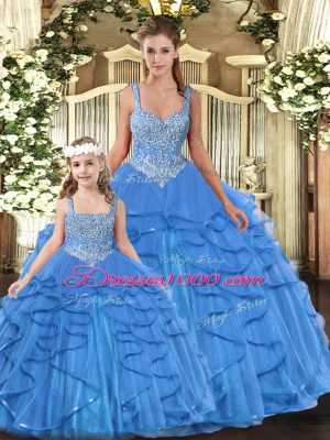 Straps Sleeveless Tulle Ball Gown Prom Dress Beading and Ruffles Lace Up