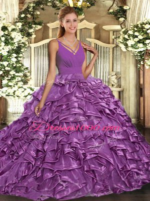Floor Length Backless Quinceanera Dress Lavender for Sweet 16 and Quinceanera with Beading and Ruffles