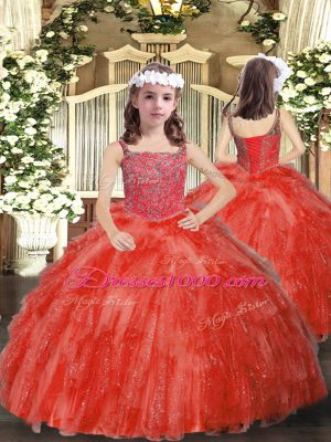 Charming Sleeveless Floor Length Beading and Ruffles Lace Up Kids Formal Wear with Coral Red