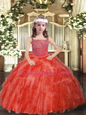 Charming Sleeveless Floor Length Beading and Ruffles Lace Up Kids Formal Wear with Coral Red