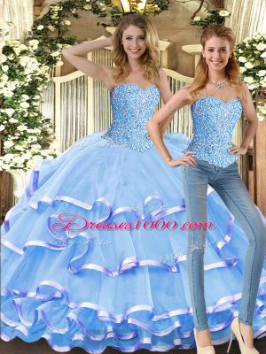 Fantastic Baby Blue Lace Up Quinceanera Gown Beading and Ruffled Layers Sleeveless Floor Length