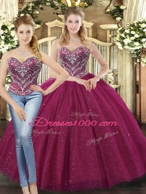 Pretty Two Pieces Quince Ball Gowns Fuchsia Sweetheart Tulle Sleeveless Floor Length Lace Up