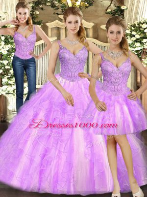 Custom Designed Straps Sleeveless Quinceanera Gown Floor Length Beading and Ruffles Lilac Organza