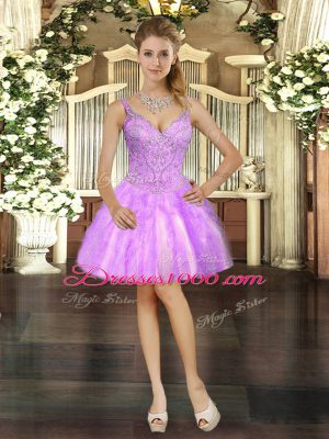 Custom Designed Straps Sleeveless Quinceanera Gown Floor Length Beading and Ruffles Lilac Organza