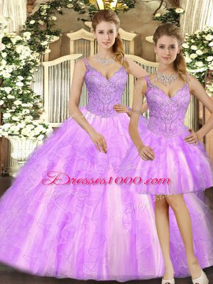 Custom Designed Straps Sleeveless Quinceanera Gown Floor Length Beading and Ruffles Lilac Organza