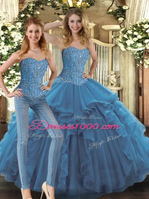 Dazzling Sleeveless Tulle Floor Length Lace Up Sweet 16 Dress in Teal with Beading and Ruffles