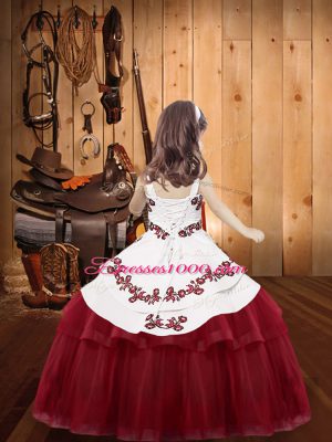 Blue Sleeveless Floor Length Embroidery Lace Up Little Girls Pageant Dress