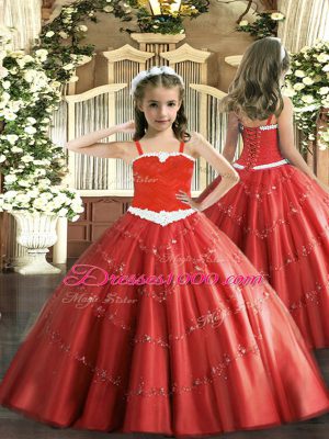 Beauteous Floor Length Ball Gowns Sleeveless Red Kids Formal Wear Lace Up