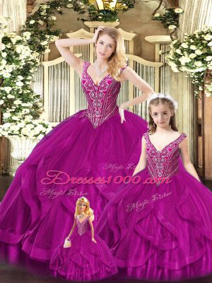 Sexy Floor Length Lace Up Quinceanera Dresses Fuchsia for Military Ball and Sweet 16 and Quinceanera with Beading and Ruffles