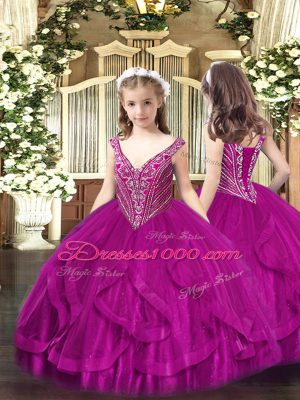 Sexy Floor Length Lace Up Quinceanera Dresses Fuchsia for Military Ball and Sweet 16 and Quinceanera with Beading and Ruffles