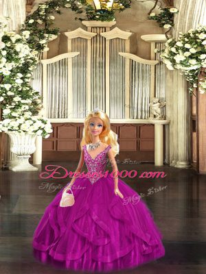 Sexy Floor Length Lace Up Quinceanera Dresses Fuchsia for Military Ball and Sweet 16 and Quinceanera with Beading and Ruffles