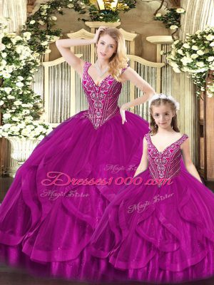 Sexy Floor Length Lace Up Quinceanera Dresses Fuchsia for Military Ball and Sweet 16 and Quinceanera with Beading and Ruffles