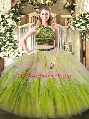 Lovely Multi-color Quinceanera Dresses Military Ball and Sweet 16 and Quinceanera with Beading and Ruffles Halter Top Sleeveless Lace Up